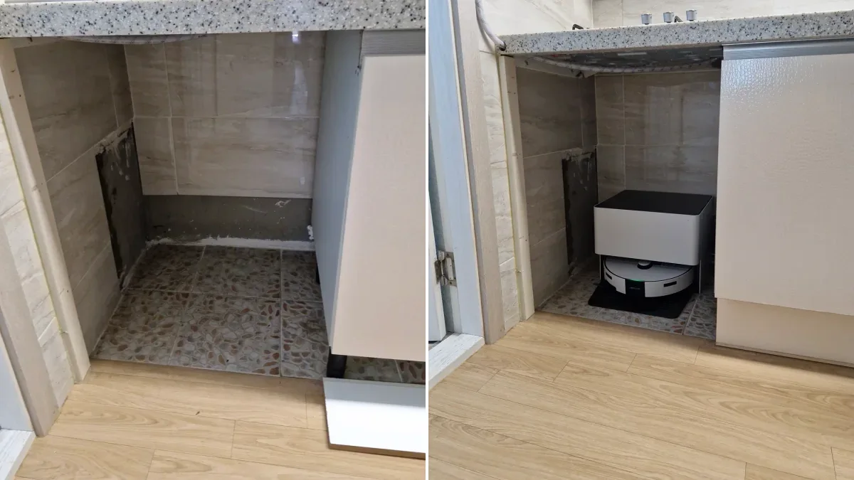 실제 식기세척기 철거 자리 수납장 제작 전후 비교 사진 (부평 실제 수납장 제작 현장)