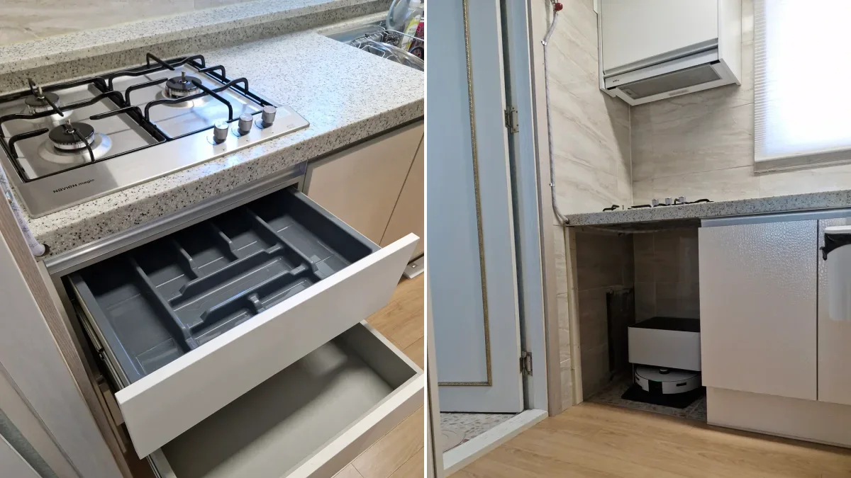 실제 식기세척기 철거 자리 수납장 제작 전후 비교 사진 (부평 실제 수납장 제작 현장)